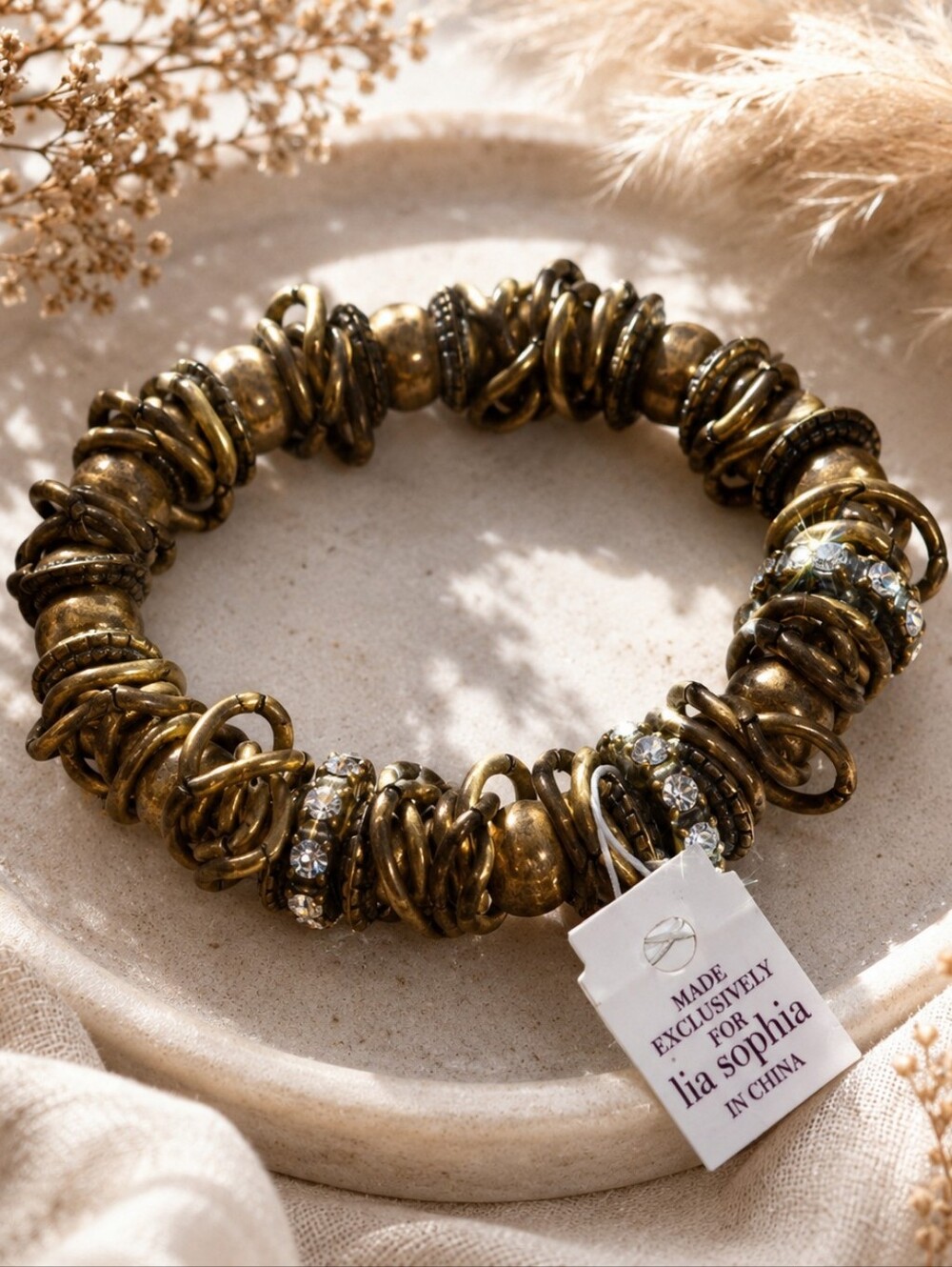 lia sophia Antique Gold Beaded Stretch Bracelet Boho New